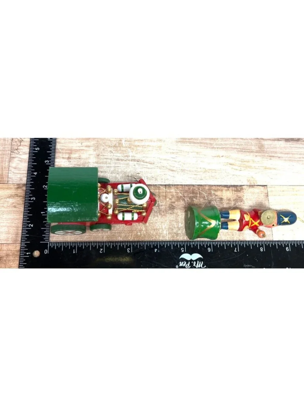 Vtg Hand-Painted Wooden Train & Soldier Christmas Ornaments - Red Green & Gold